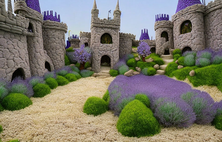 Elaborate sandcastle amidst vibrant purple and green flora