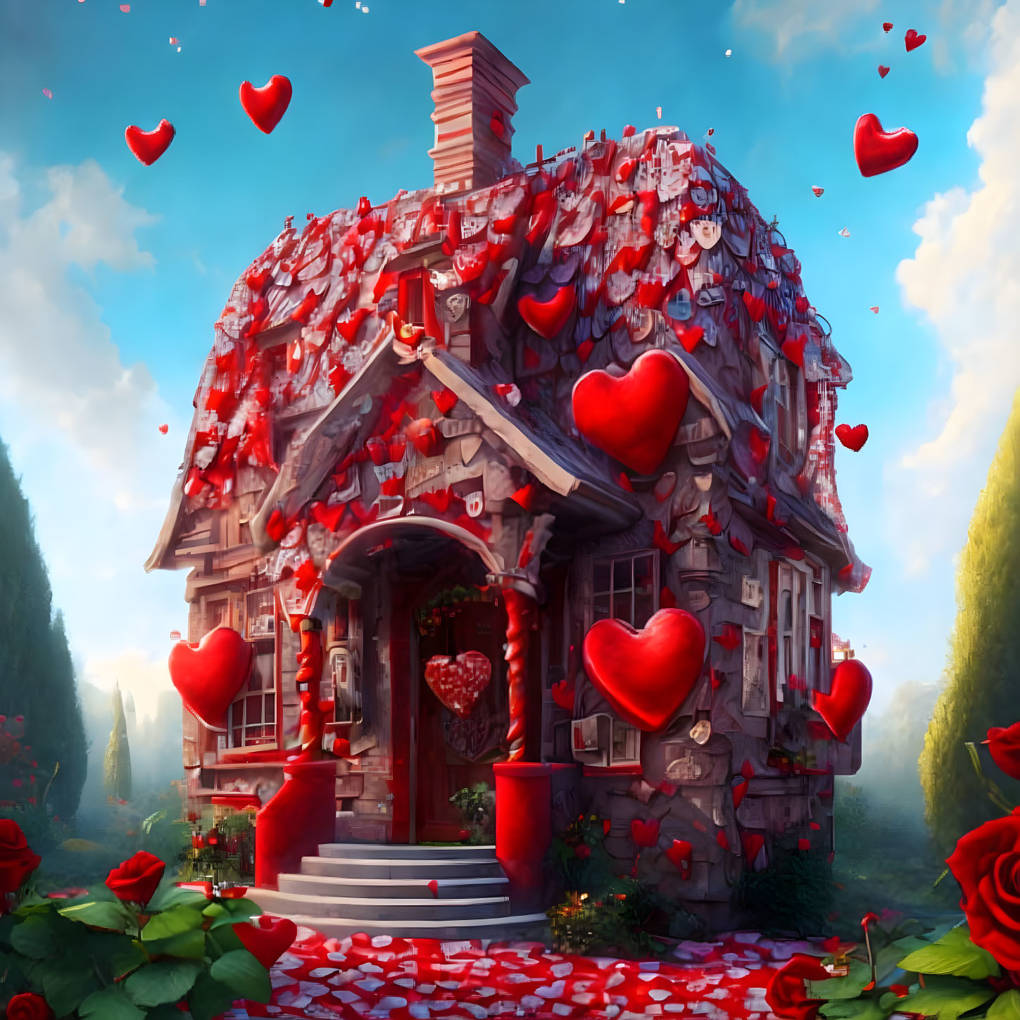 Whimsical cottage with red hearts and roses on Valentine's Day