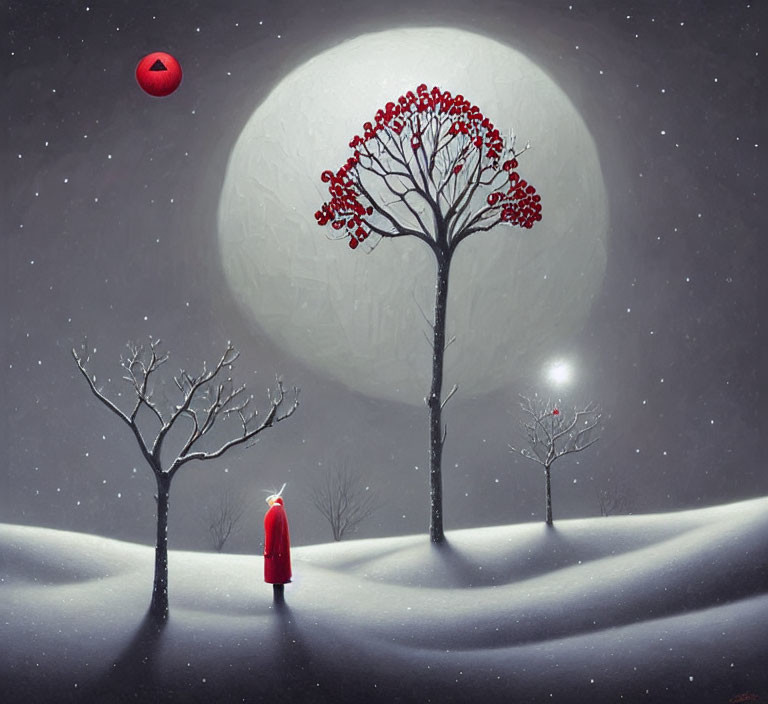 Person in red coat in snowy landscape under pale moon with red orb above