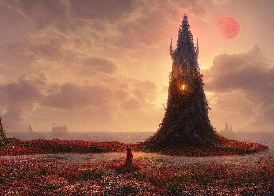 Person in Red Cloak Standing in Flower Field Facing Fantasy Castle on Hill under Sunset Sky