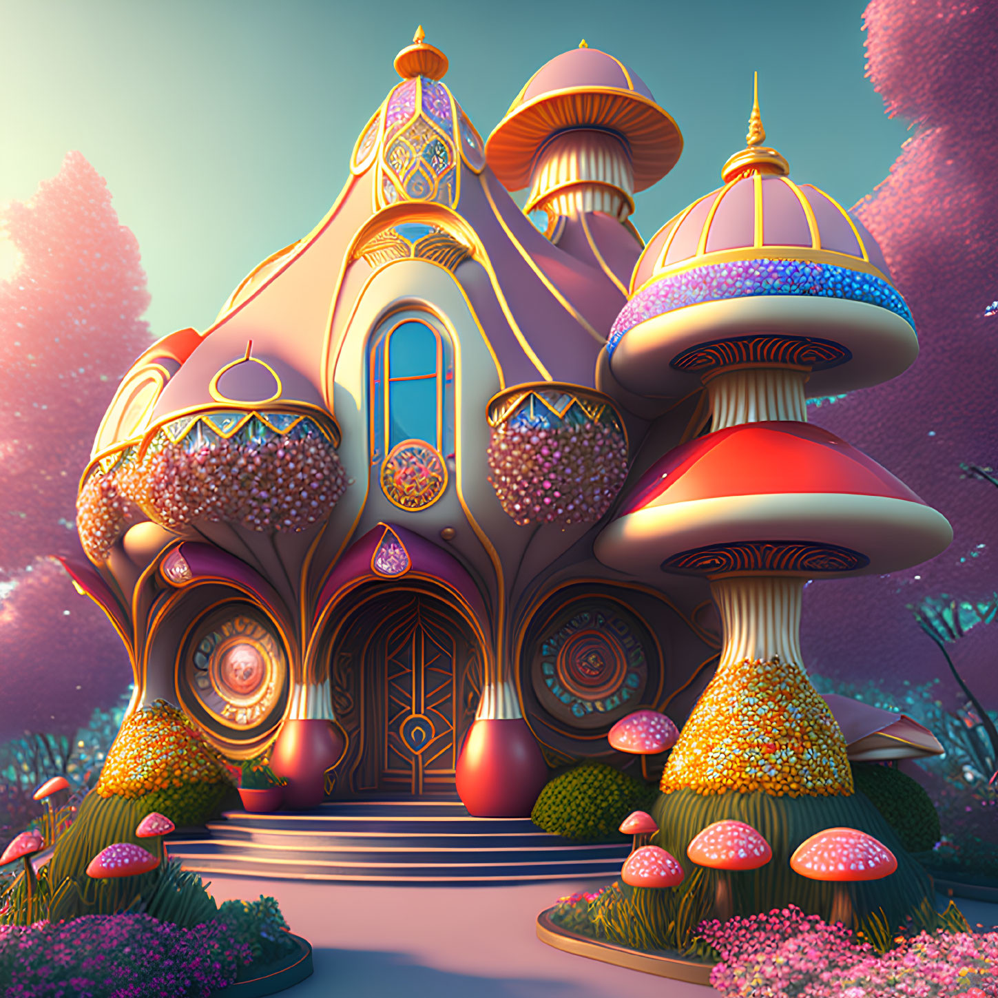 Colorful Fantasy Mushroom House Surrounded by Intricate Designs