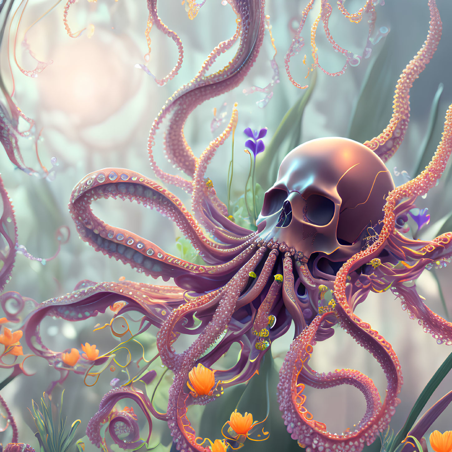 Skull with octopus tentacles and floral backdrop in ethereal setting