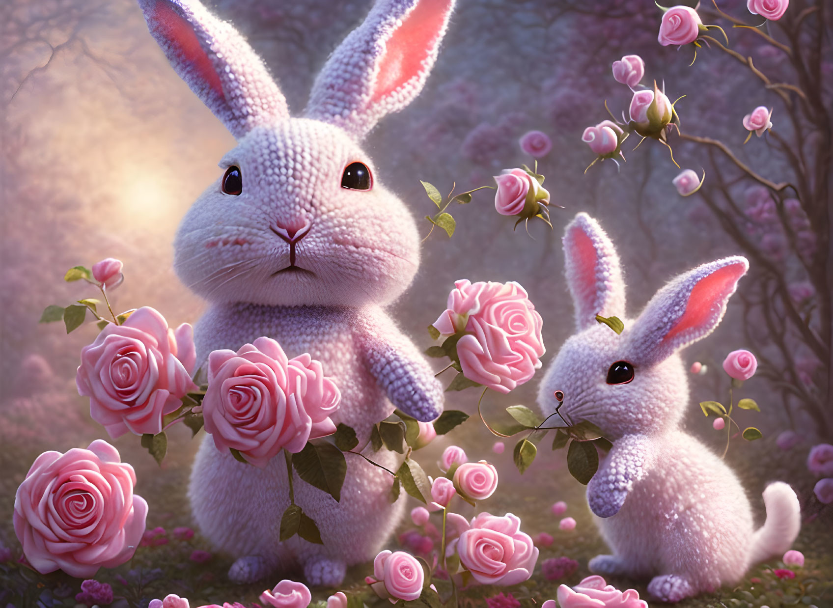 Whimsical rabbits in pink rose forest with soft sunlight