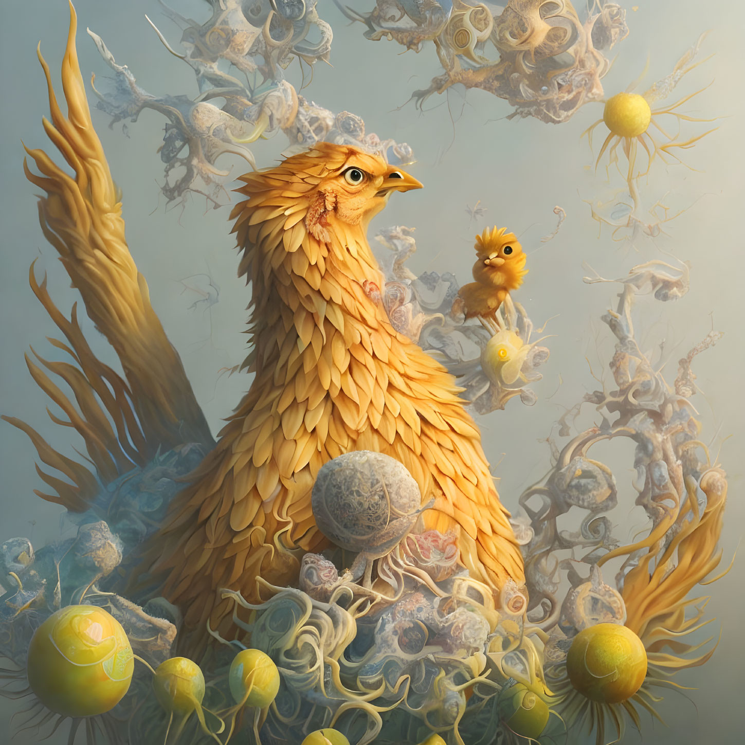 Golden feathered bird with human-like eyes in surreal illustration.