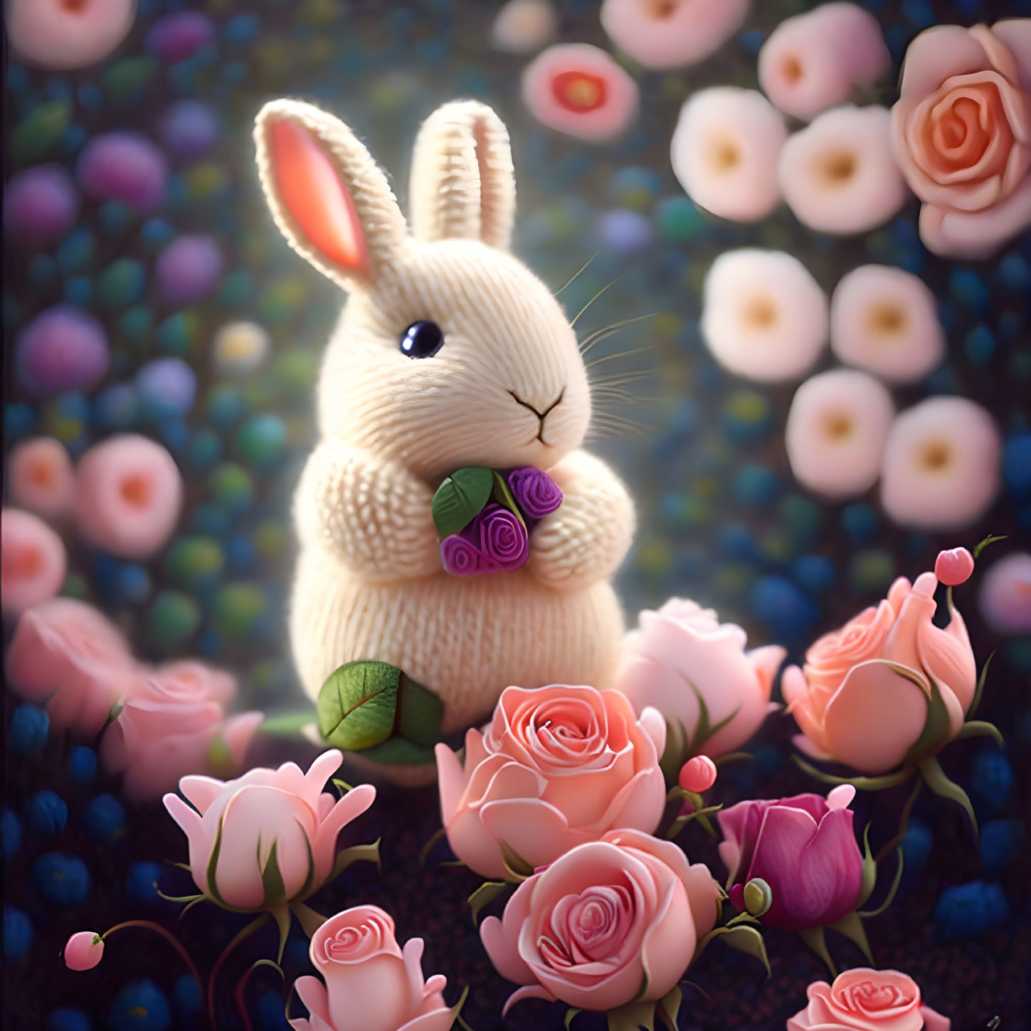 Fluffy Rabbit with Purple Flowers Among Pink Roses on Blue Background