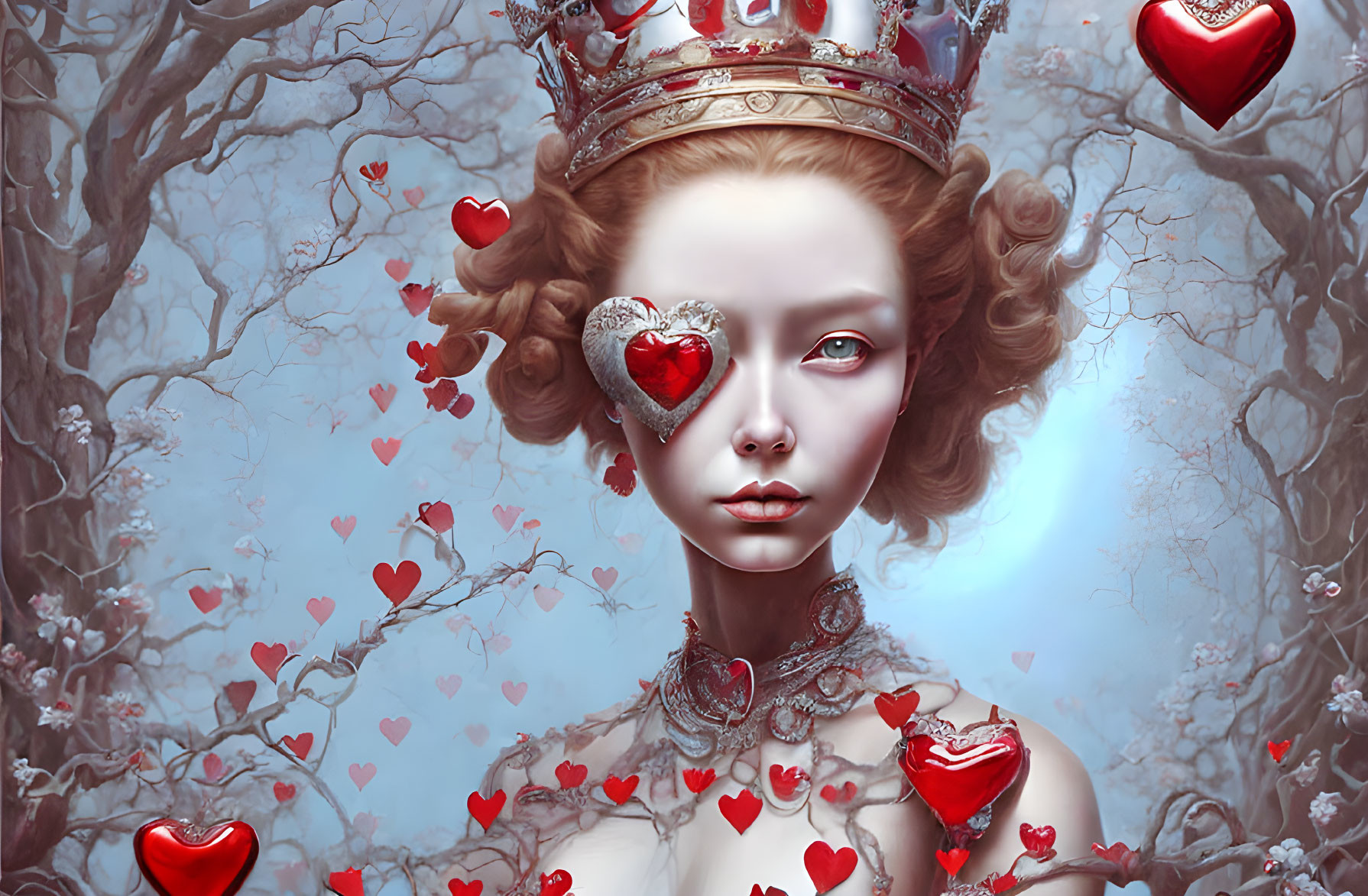 Red-Haired Female Figure with Heart Crown and Barren Trees