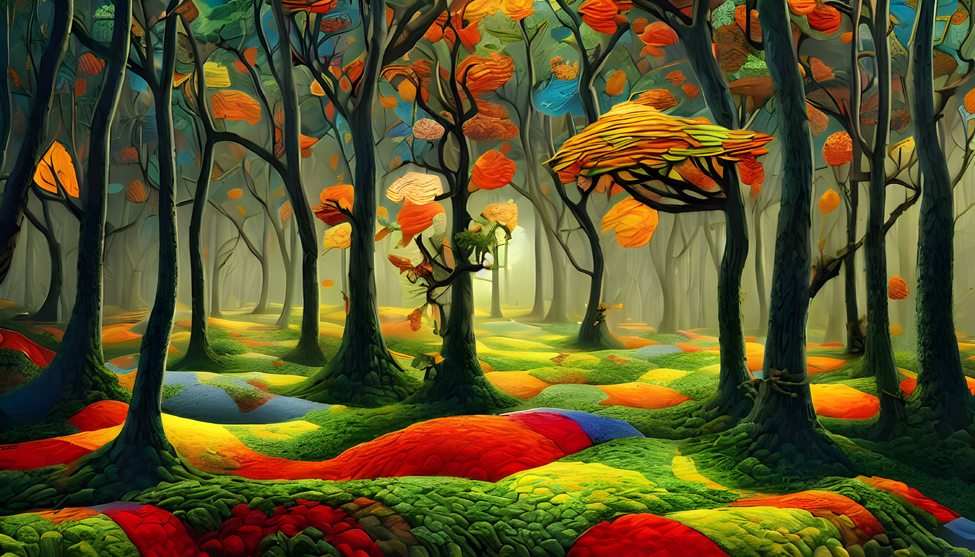 Colorful forest with oversized leaves and moss-covered ground landscape.