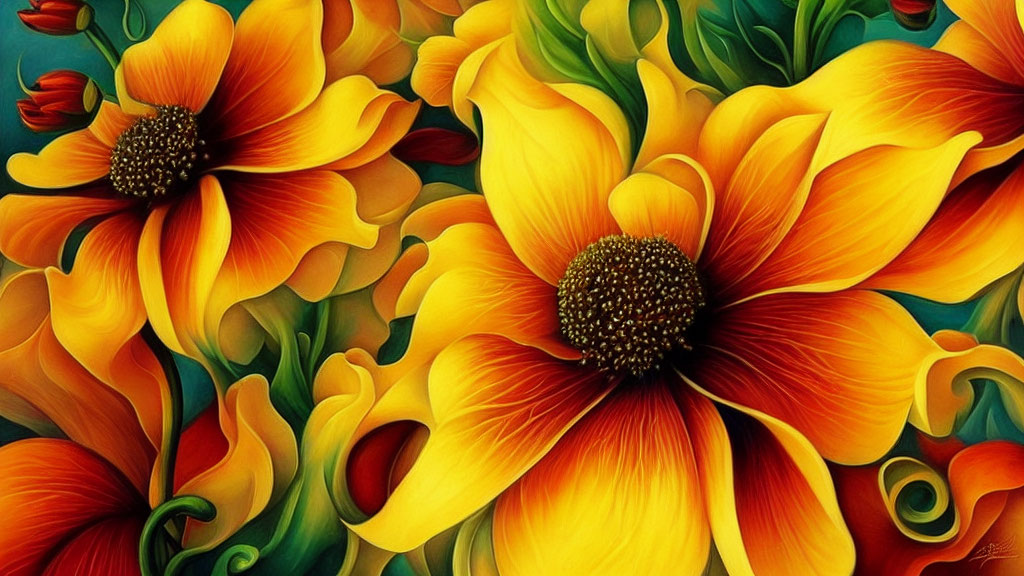 Stylized orange-yellow flowers with dark centers in vibrant painting