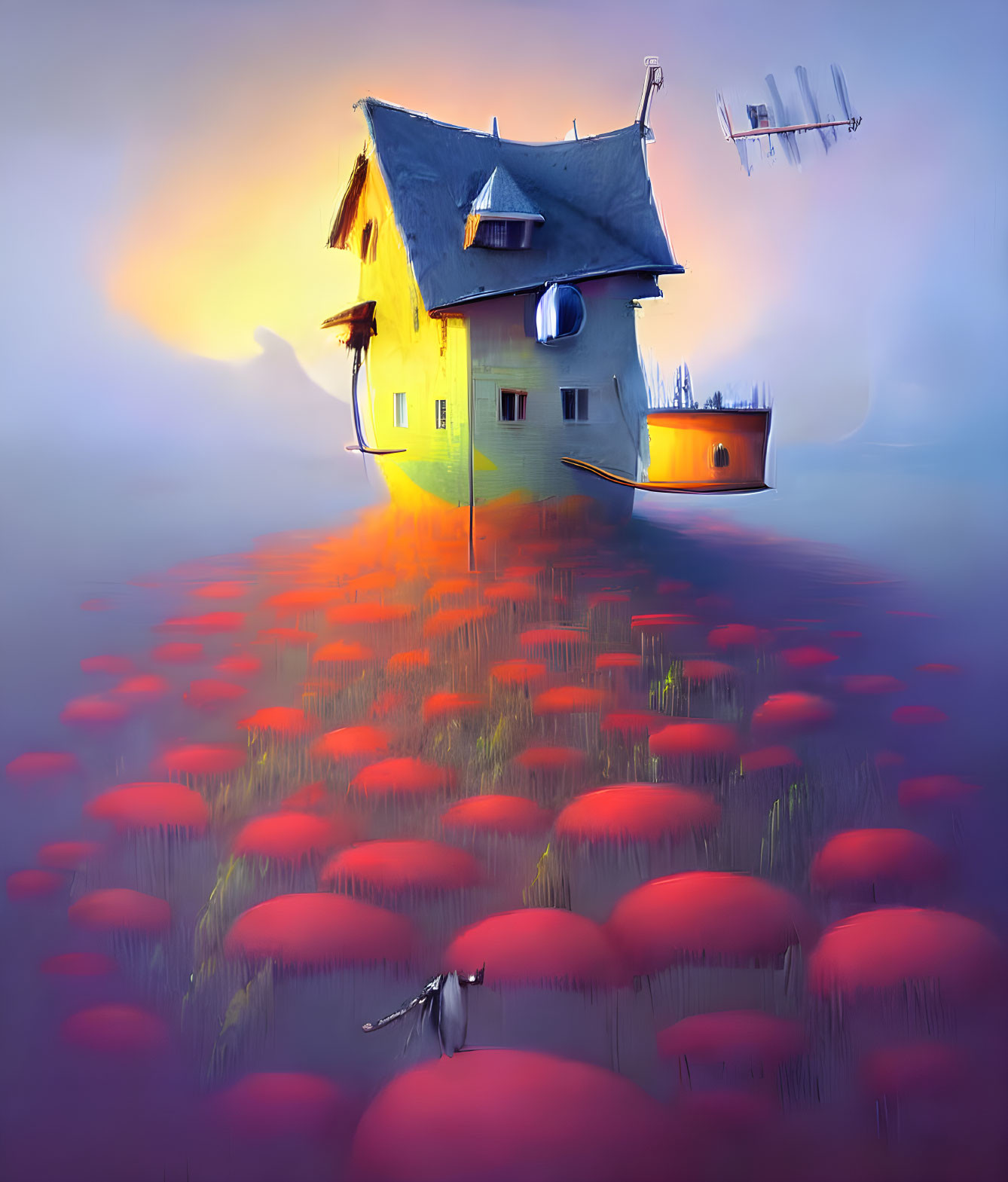 Surreal floating house with boat in sea of red flowers