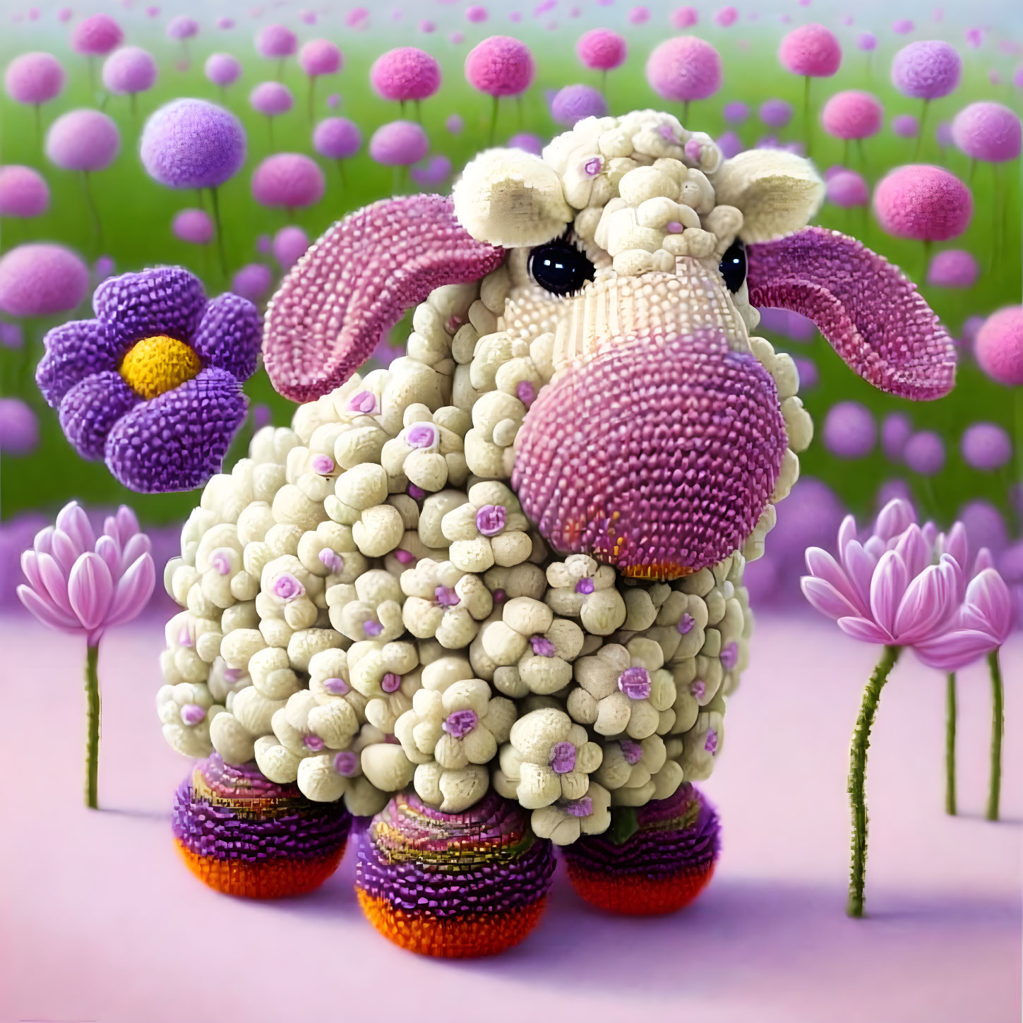 Colorful 3D sheep illustration with fluffy body and purple flowers on pink background