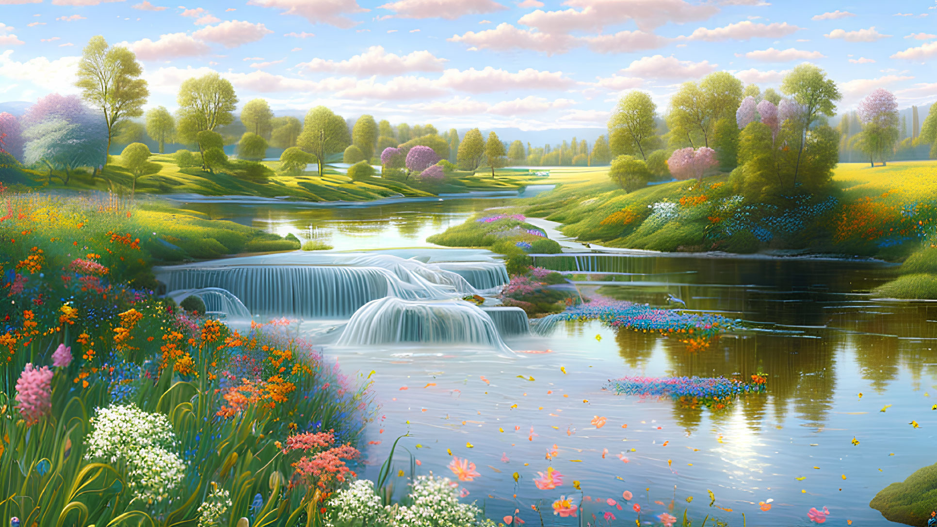 Tranquil landscape with river, waterfalls, wildflowers, and trees