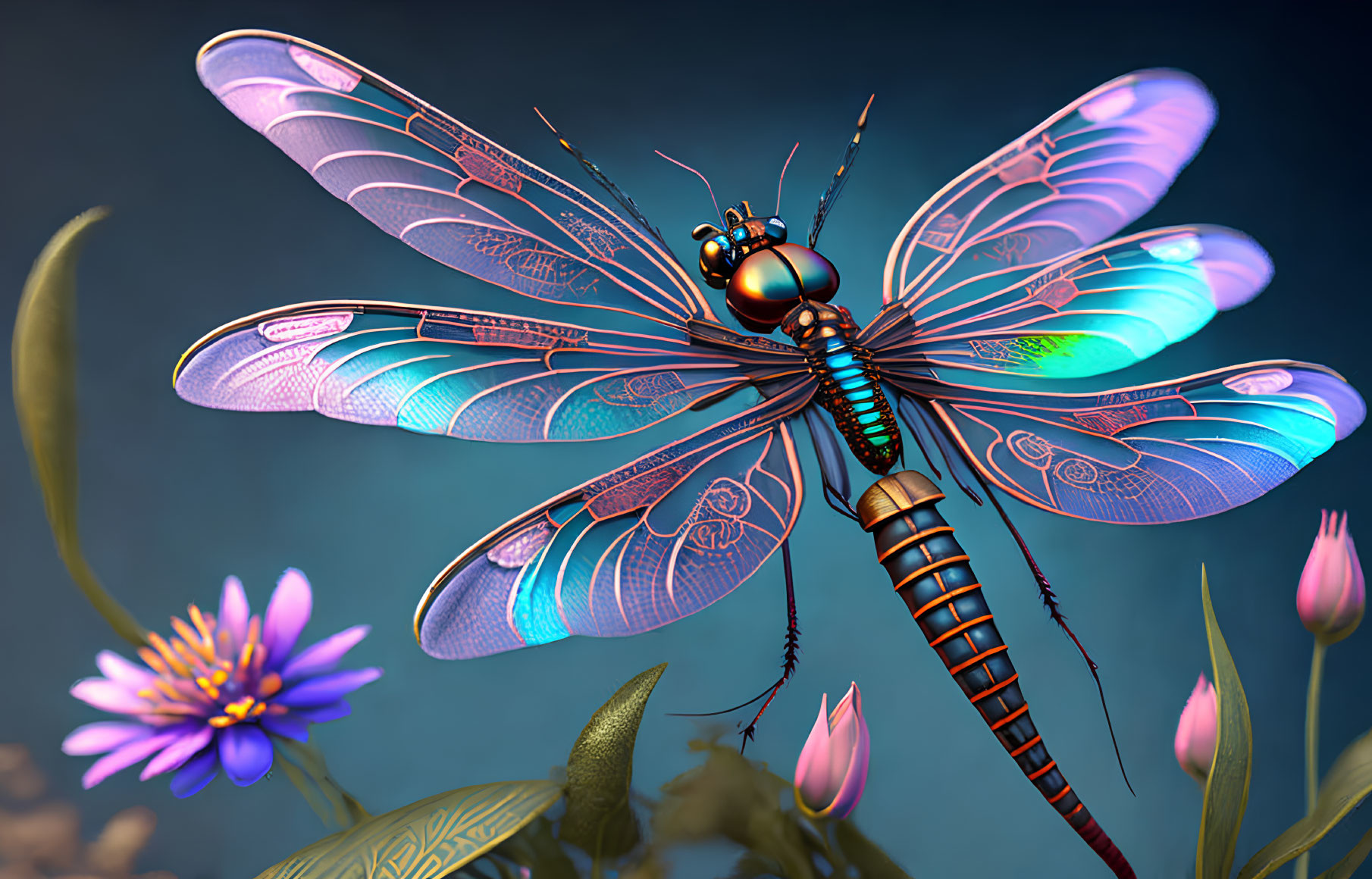 Metallic dragonfly art with intricate wing patterns hovering near flowers on a blue background