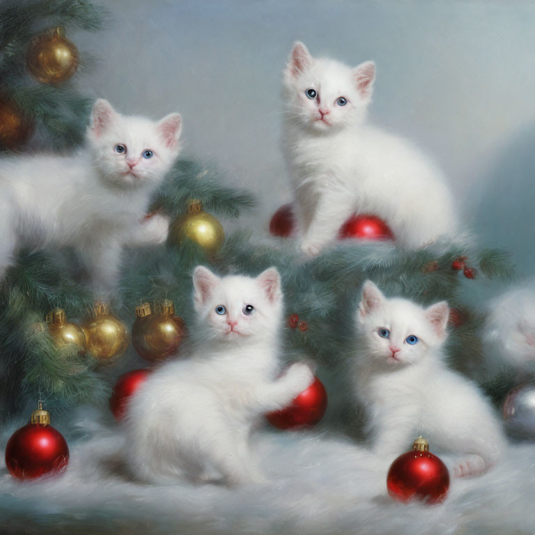 White Kittens with Blue Eyes Playing by Christmas Tree with Gold and Red Baubles