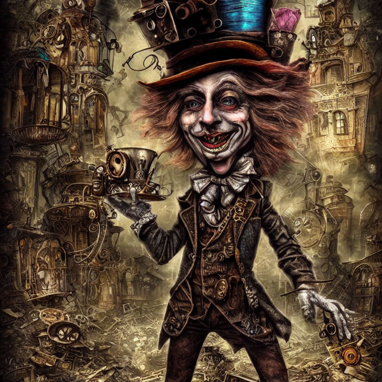 Whimsical Mad Hatter-like character with teacup in fantastical clock and gear backdrop