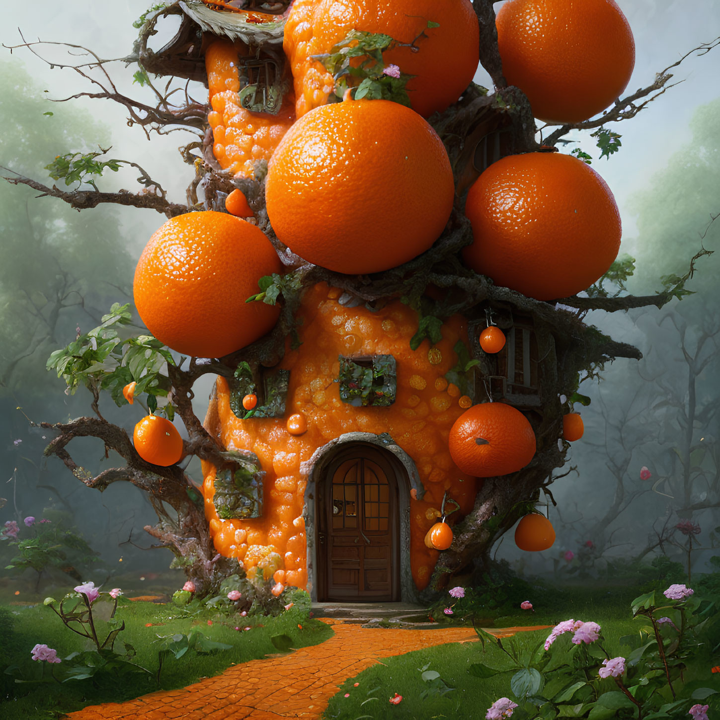 Whimsical Treehouse with Giant Orange Walls in Lush Forest