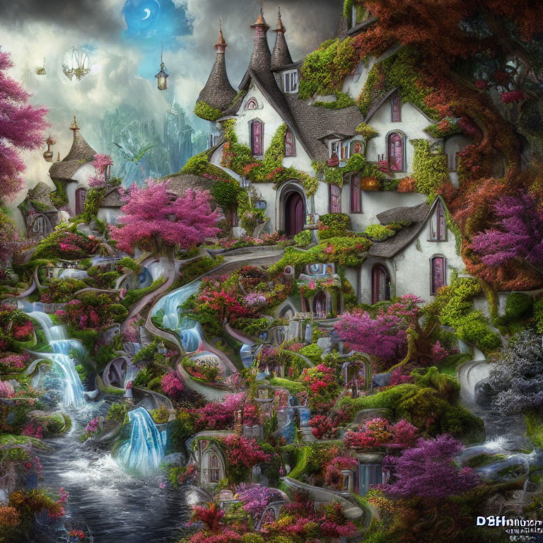 Whimsical houses, vibrant flora, waterfalls, airship in magical twilight landscape