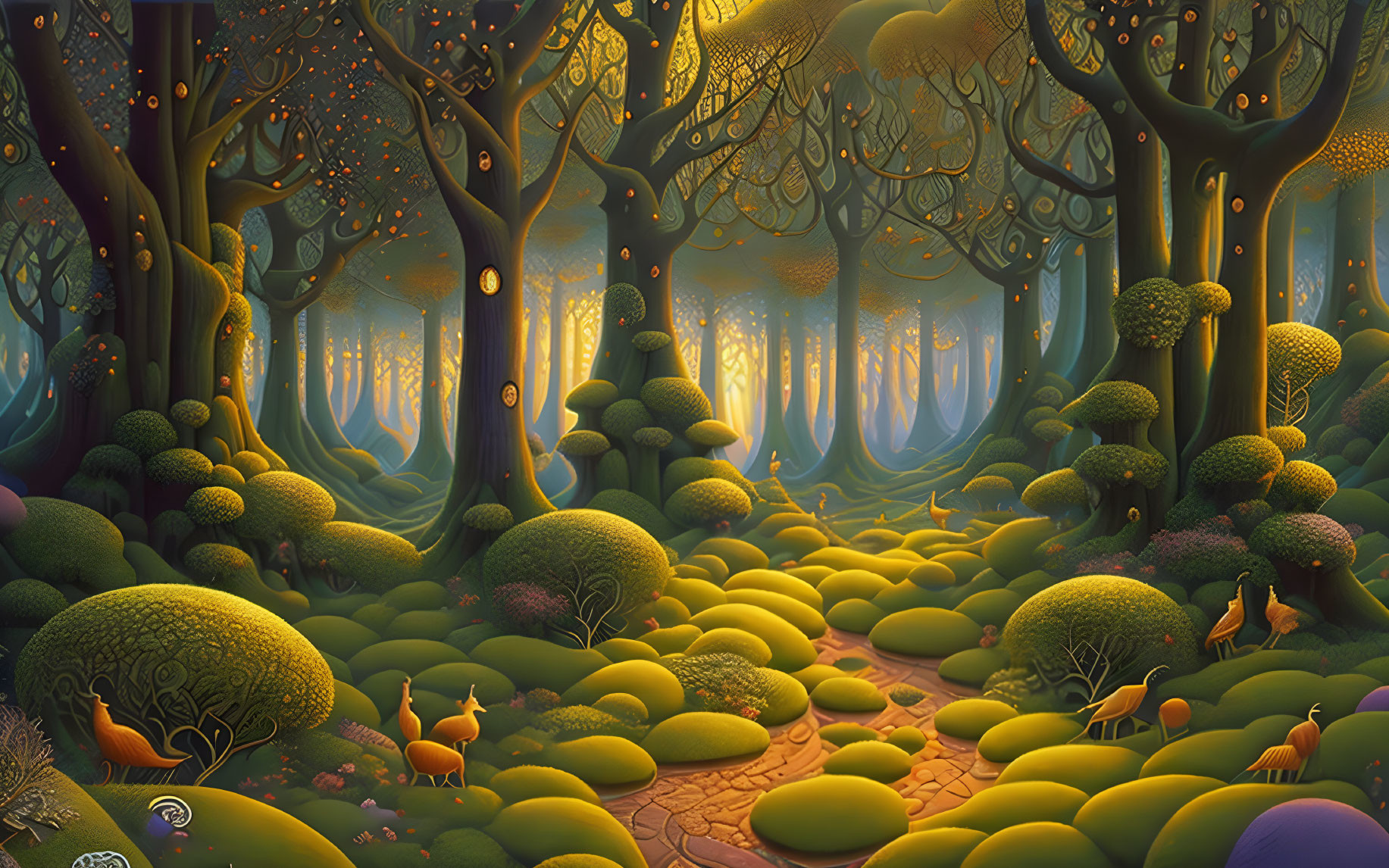 Enchanting forest scene with lush greenery and small creatures