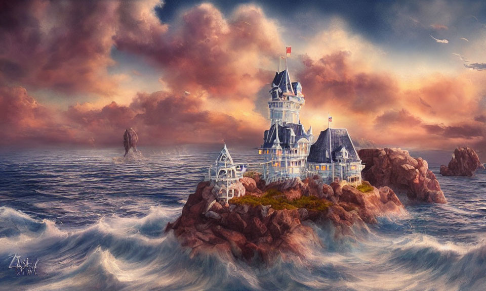 Fantasy castle with spires on rugged island in turbulent sea at sunset