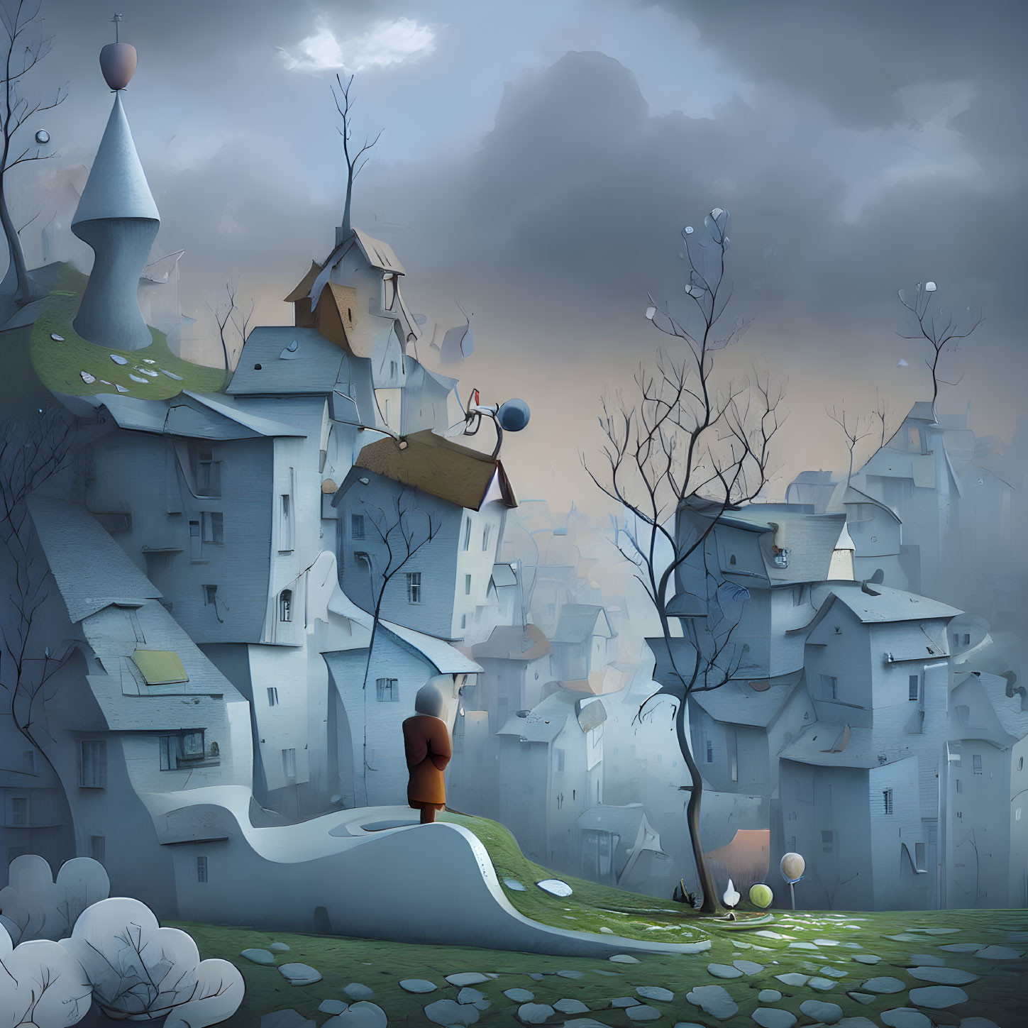 Clustered uneven houses and towers in a whimsical village under a gloomy sky