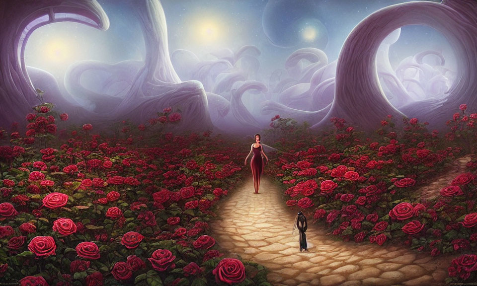 Person walking on cobblestone path in surreal landscape with oversized roses and twisted trees under glowing sky