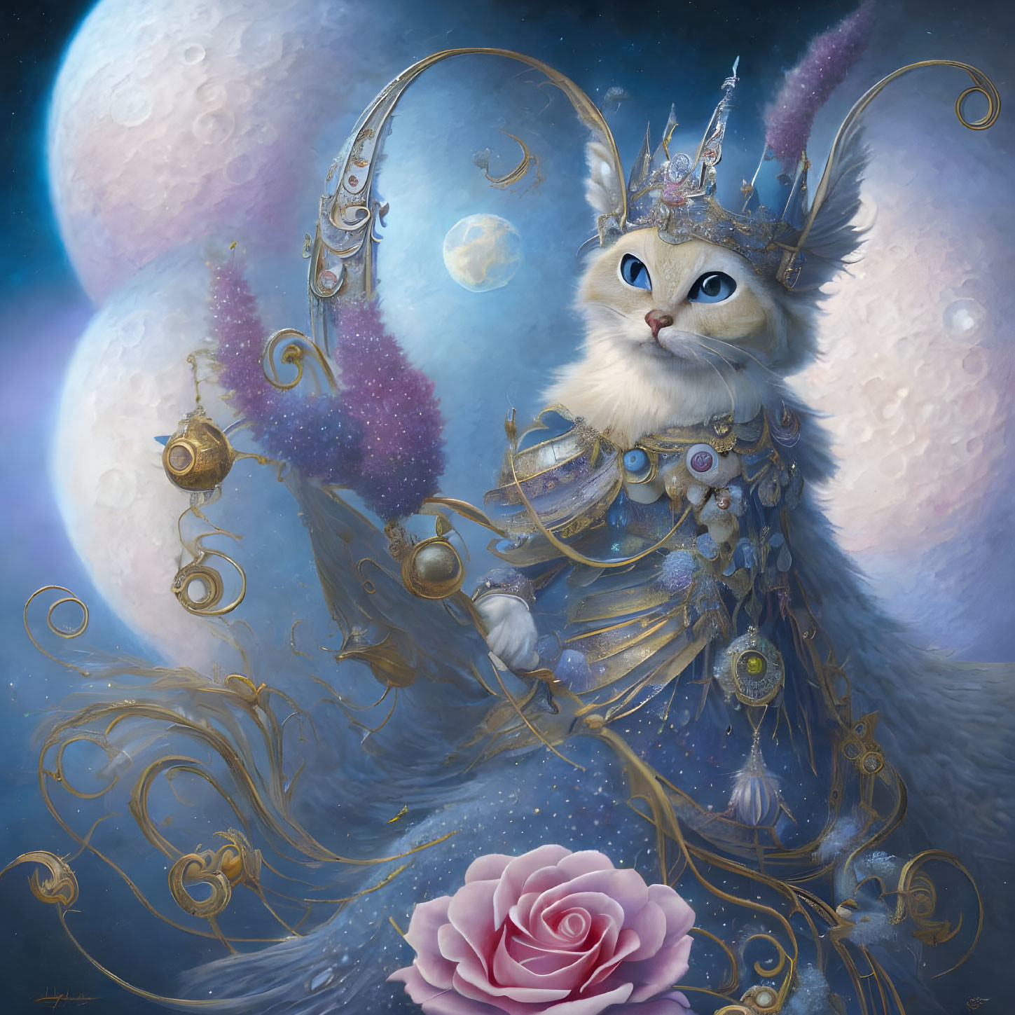 Majestic cat with crown and cloak in celestial setting with pink rose