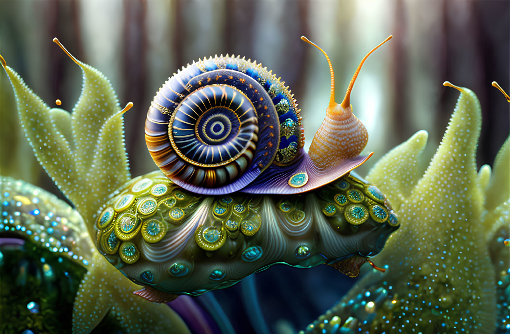 Colorful digital artwork: Fantastical snail with fractal shell in dreamy forest