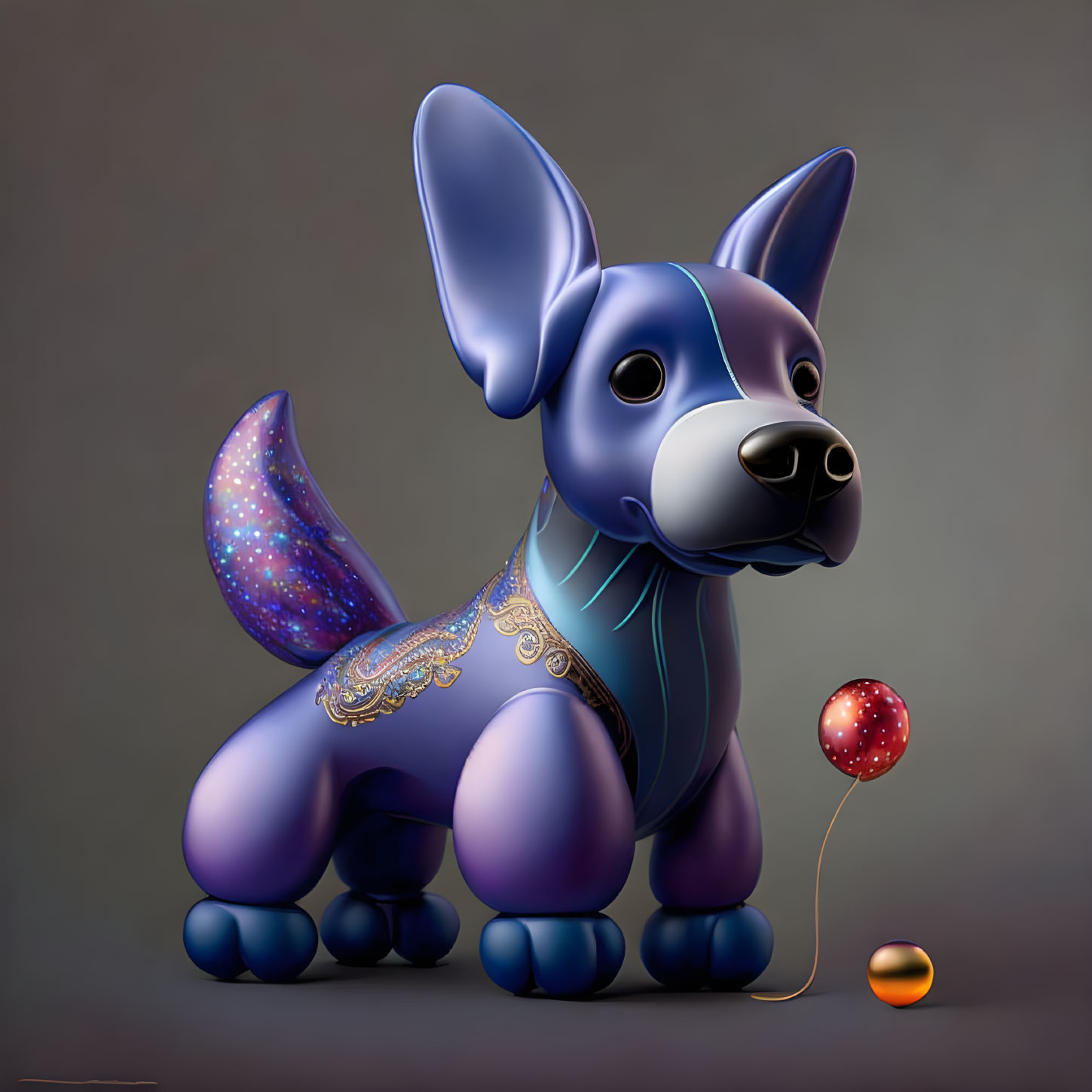 Stylized illustration of glossy blue dog with large ears holding red balloon