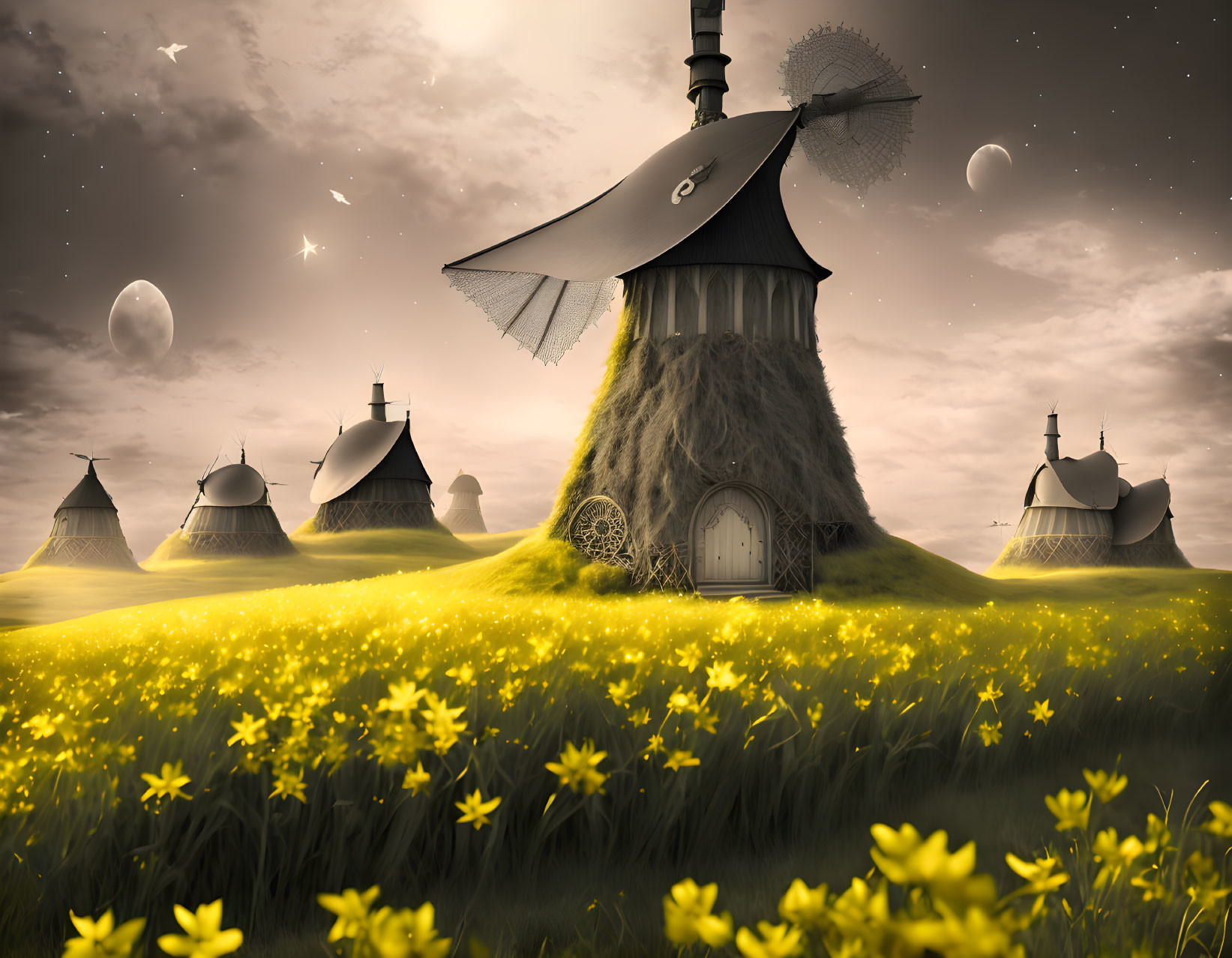 Whimsical fantasy landscape with thatched huts, yellow flowers, and hovering planets