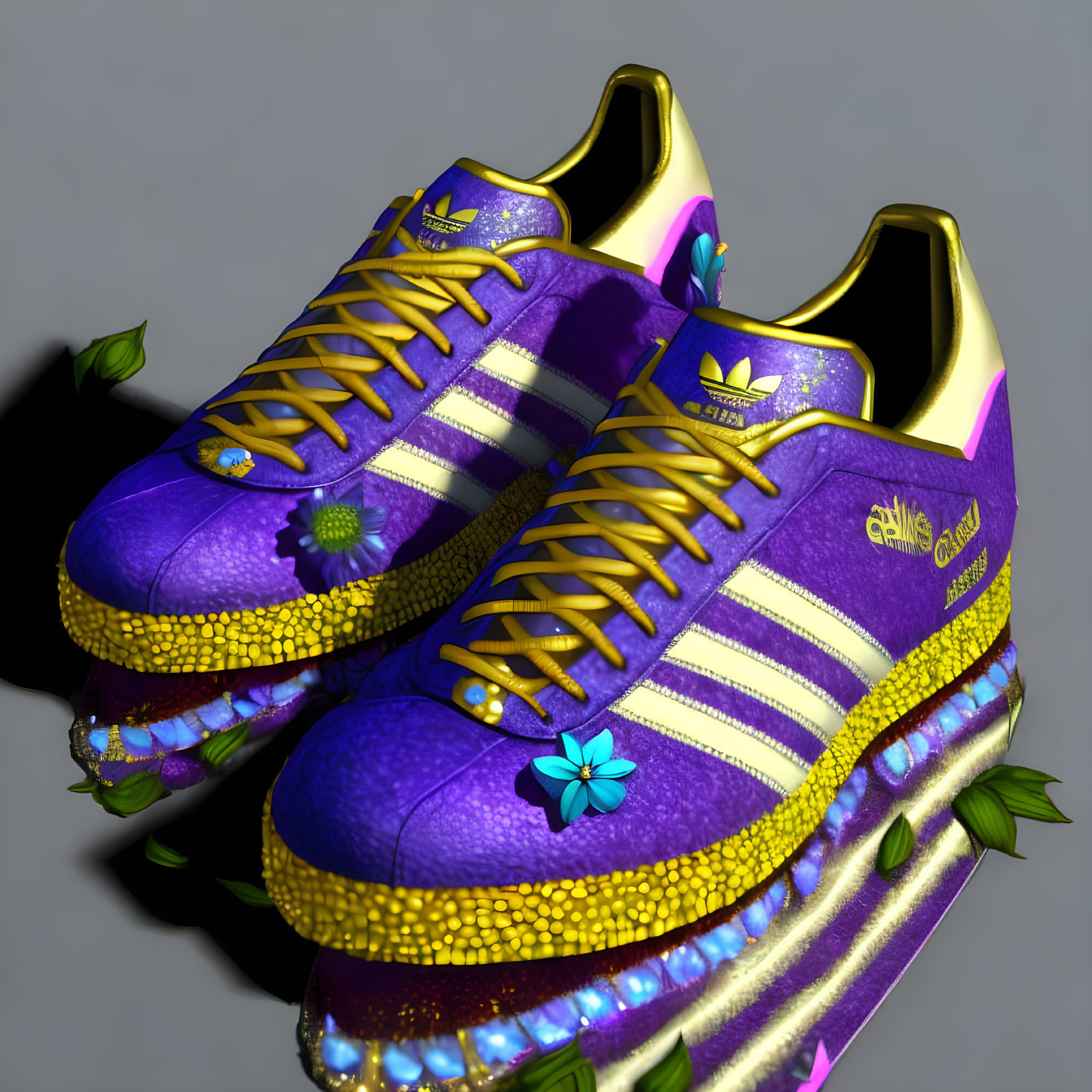 Purple and Gold Floral Patterned Adidas Sneakers with Reptile Skin Texture