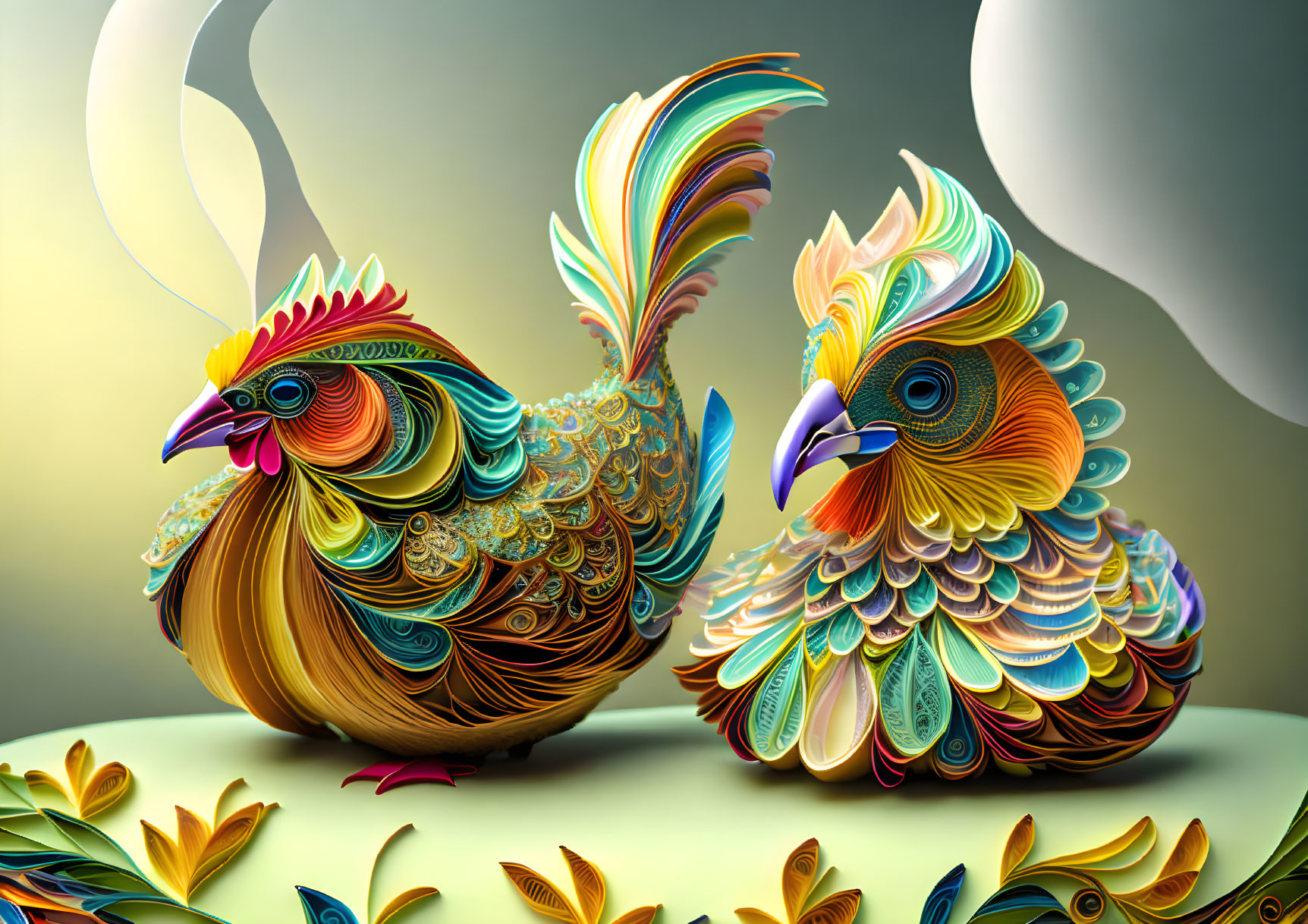 Colorful Stylized Roosters with Detailed Feather Patterns