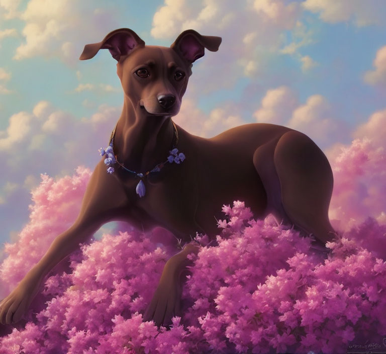 Brown Dog with Flower Necklace Relaxing Among Pink Blossoms