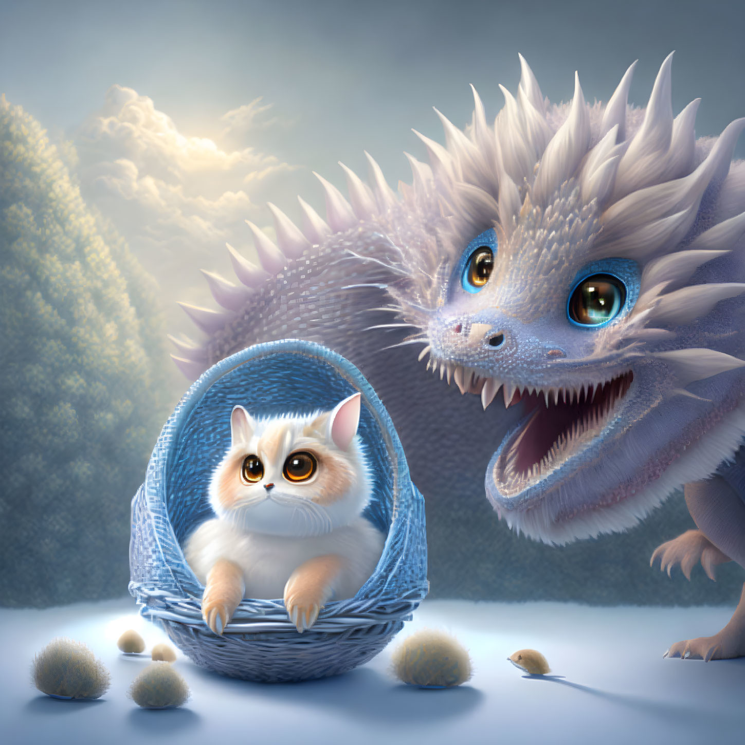 Fluffy cat and curious dragon in whimsical forest scene