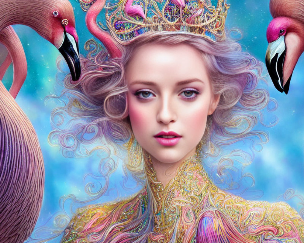 Surreal portrait of woman with crown among pink flamingos in dreamy sky