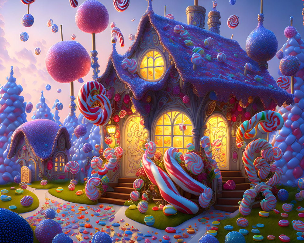 Colorful candy-themed house with lollipops, candies, and sprinkles in a whimsical