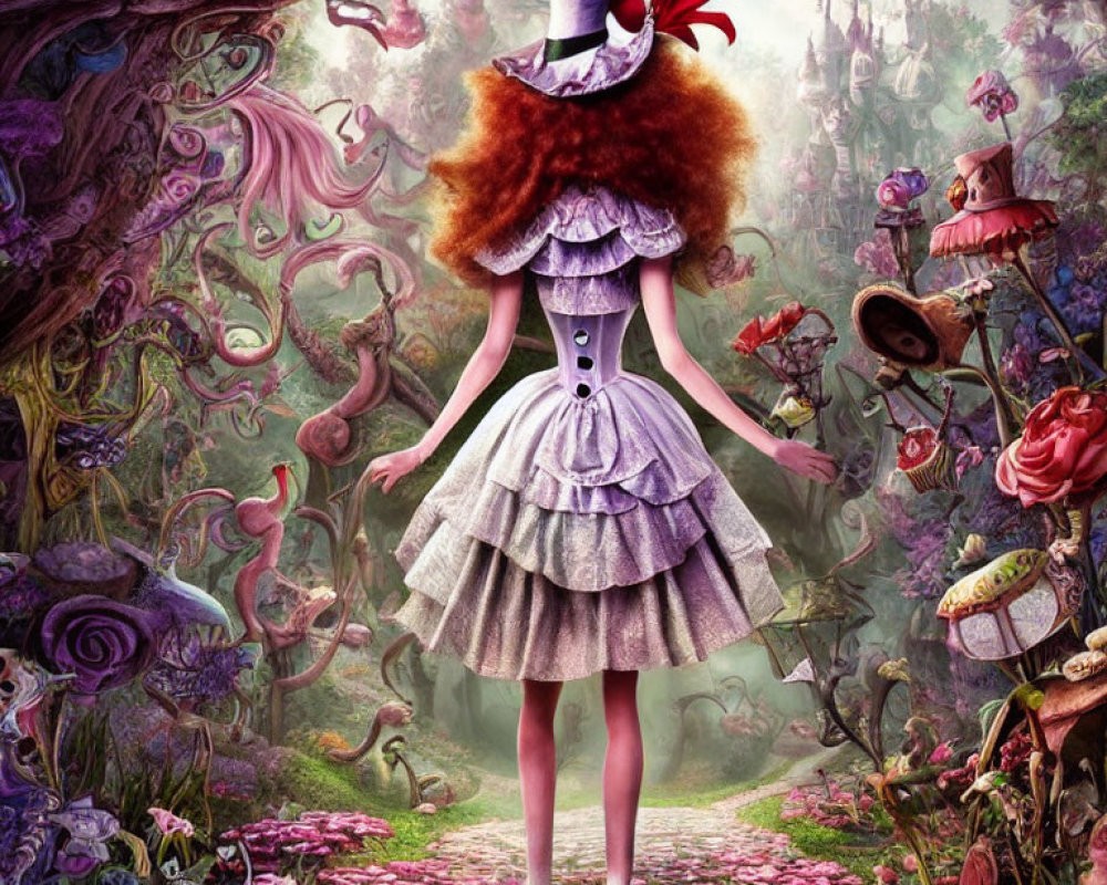 Colorful image: Woman in top hat and layered dress in magical forest with oversized flowers.