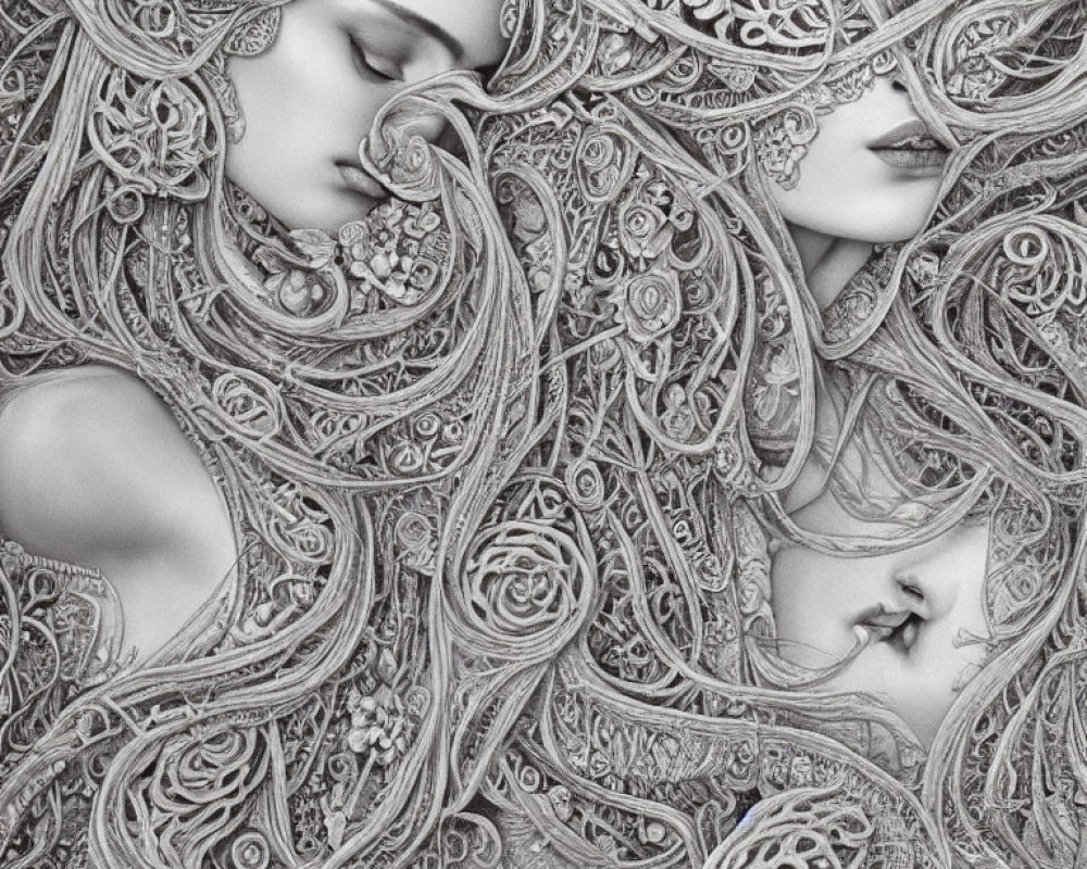 Monochrome illustration of three women with intricate ornate hair designs intertwined