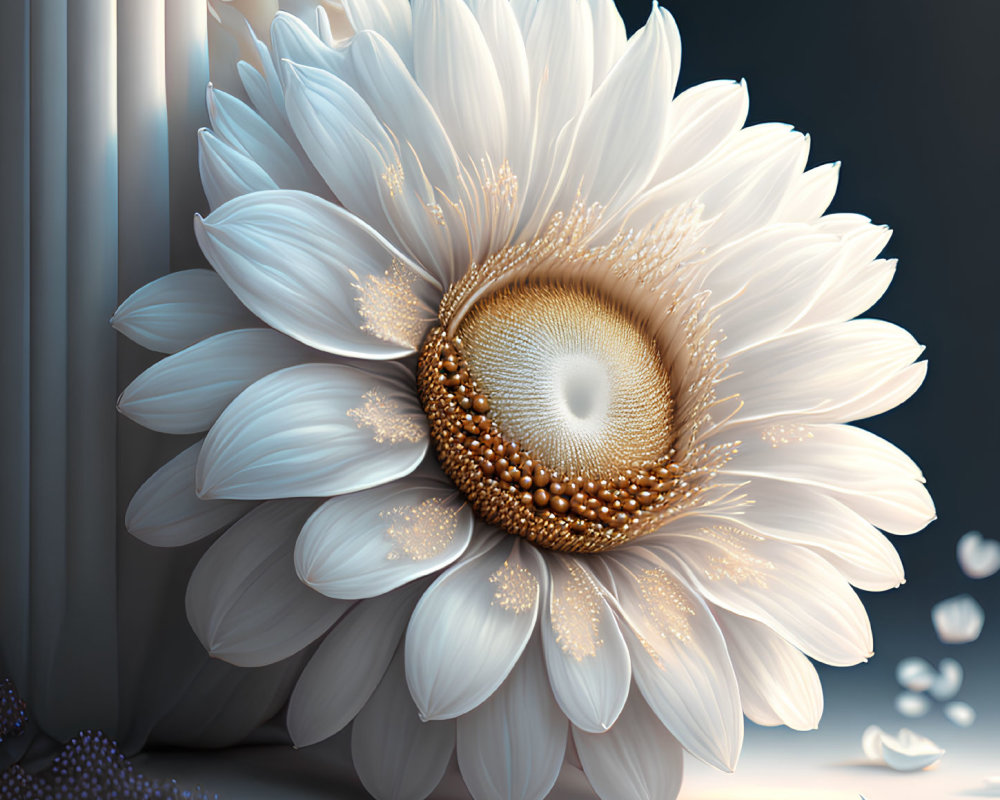 Detailed digital illustration of white daisy with golden center on soft grey background