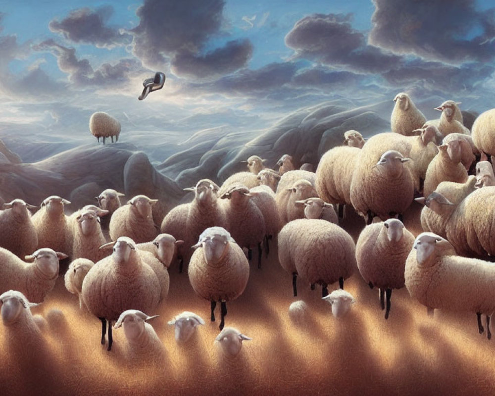 Surreal sheep hills under dynamic sky with leaping sheep