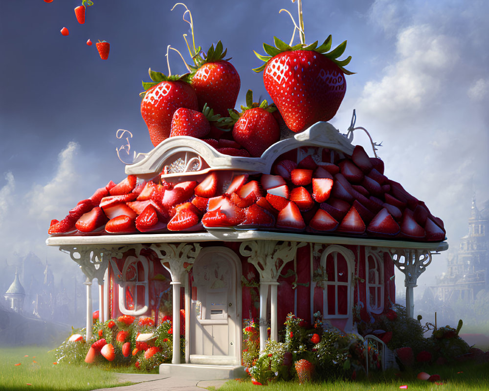 Whimsical Strawberry-Themed House with Giant Strawberries and Lush Surroundings