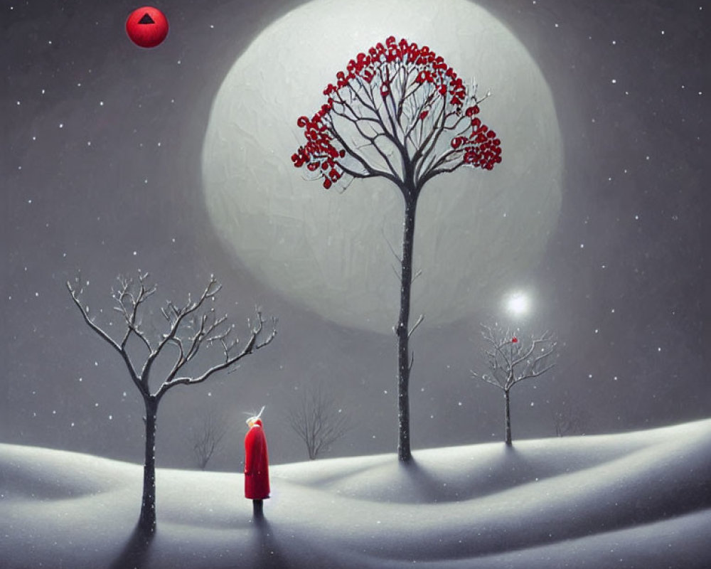 Person in red coat in snowy landscape under pale moon with red orb above