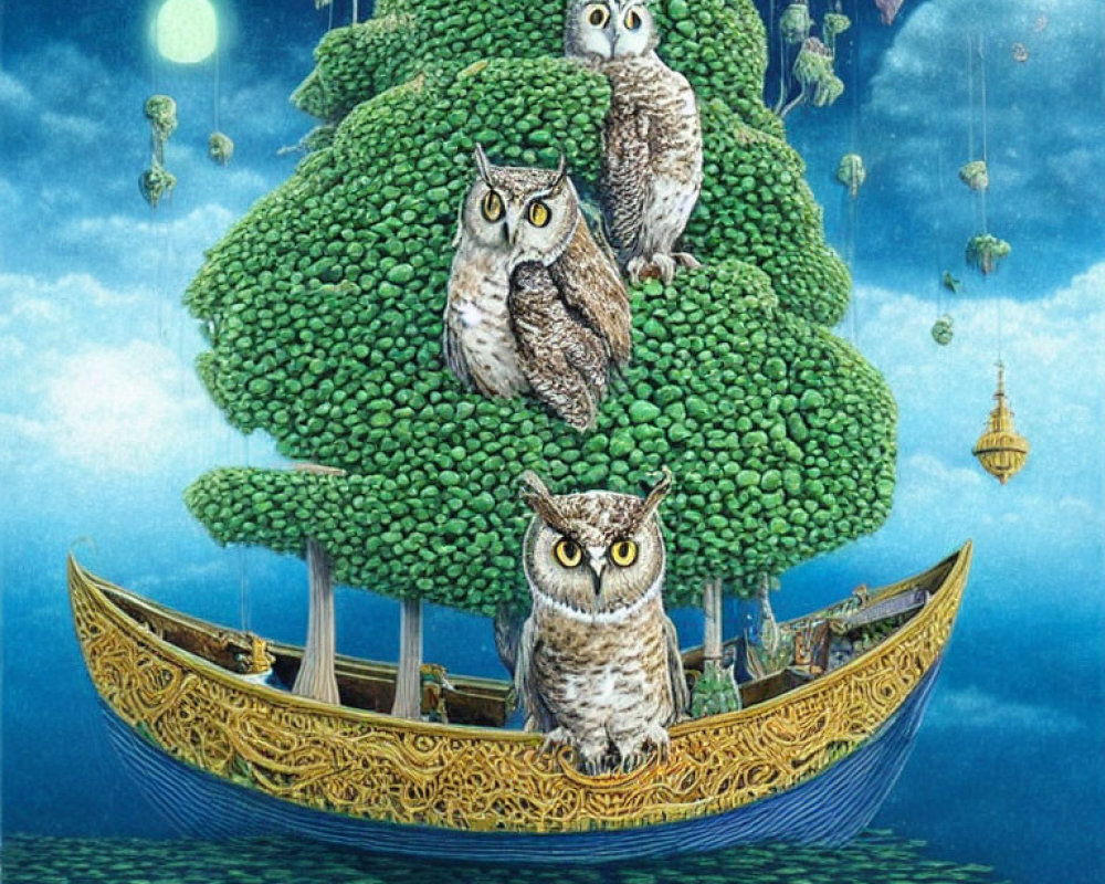 Three Owls on Boat-Shaped Tree Under Starry Night Sky