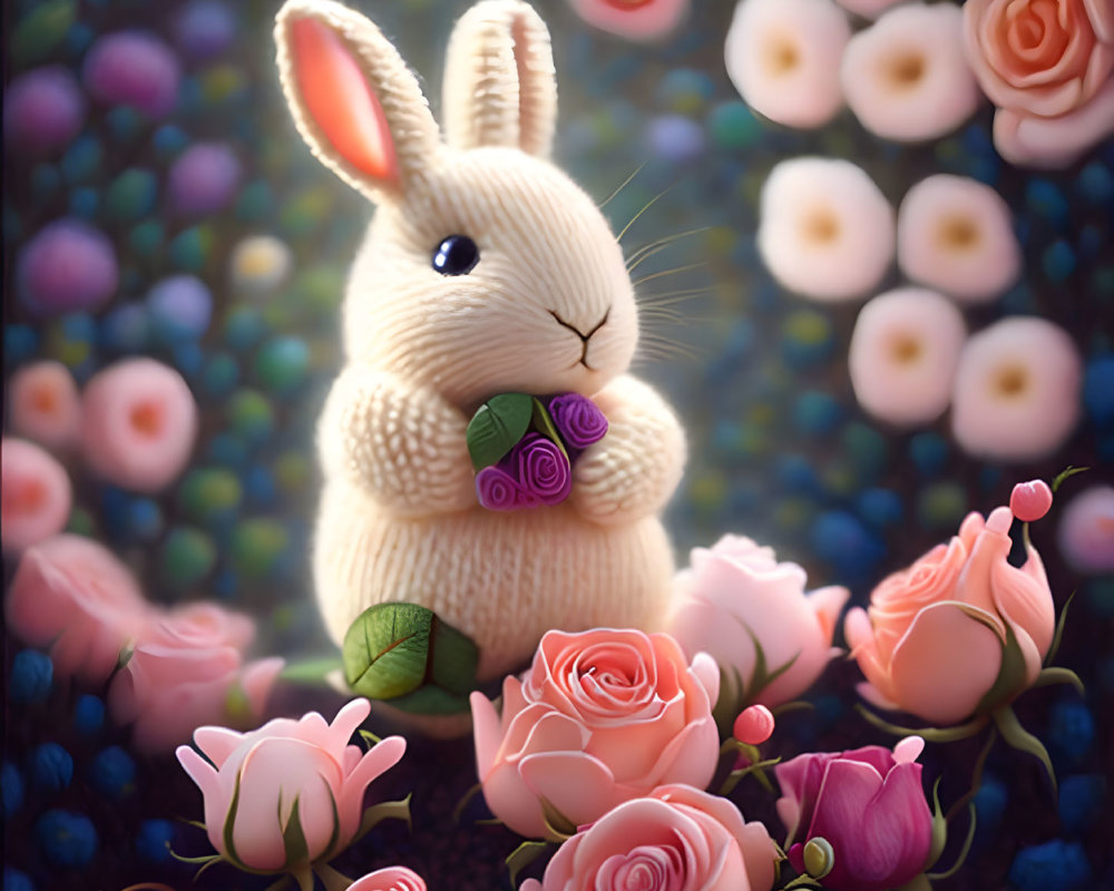 Fluffy Rabbit with Purple Flowers Among Pink Roses on Blue Background