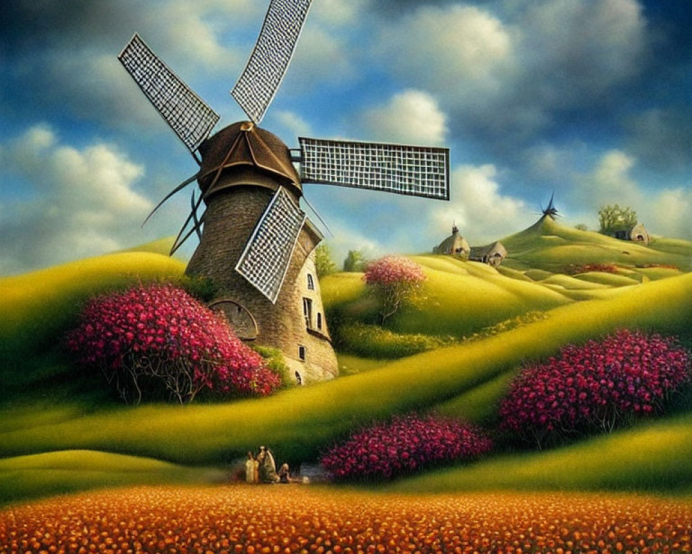 Scenic painting: Windmill on hills with pink blooms and tulip field under cloudy sky