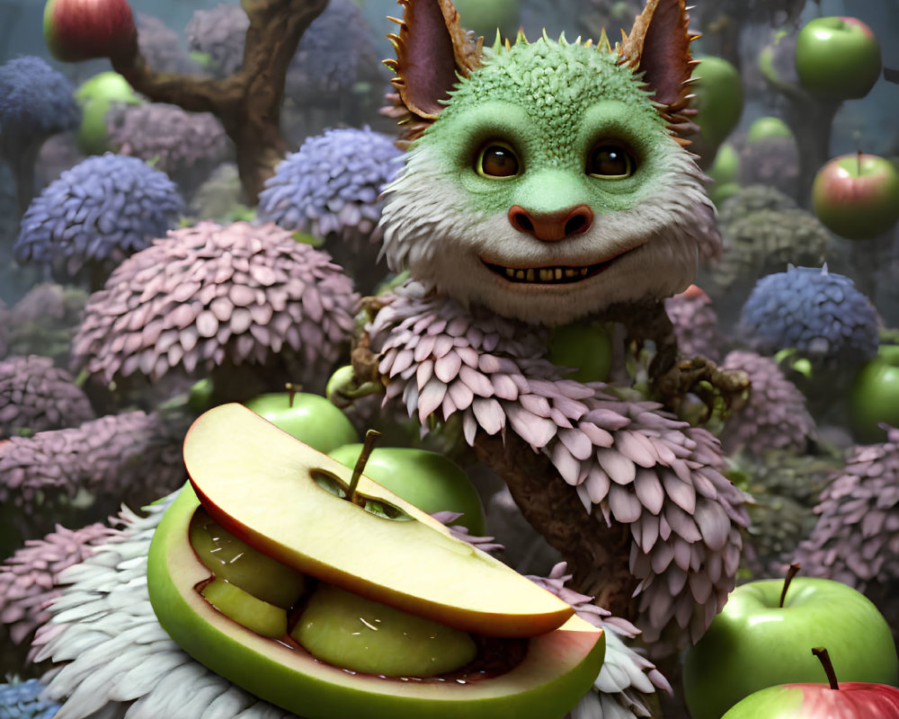 Green-furred creature with apple and flowers in whimsical scene