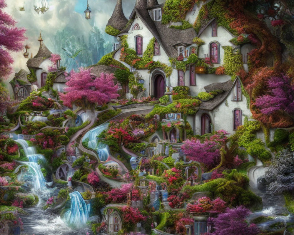 Whimsical houses, vibrant flora, waterfalls, airship in magical twilight landscape