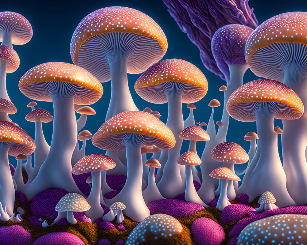 Fantasy landscape with oversized luminescent mushrooms against starry sky