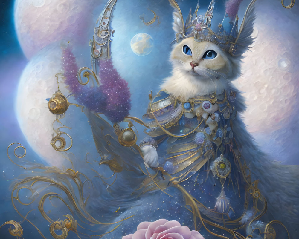 Majestic cat with crown and cloak in celestial setting with pink rose