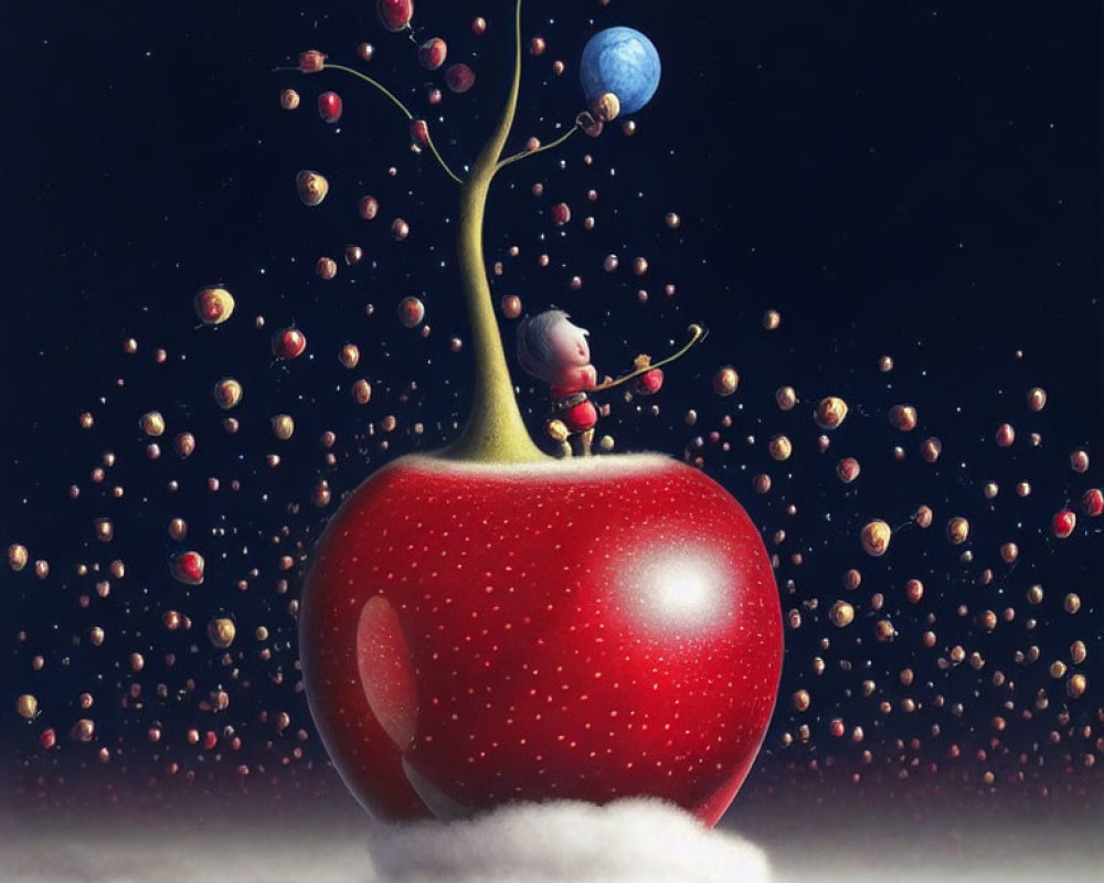 Illustration of small character on giant red apple under starry sky