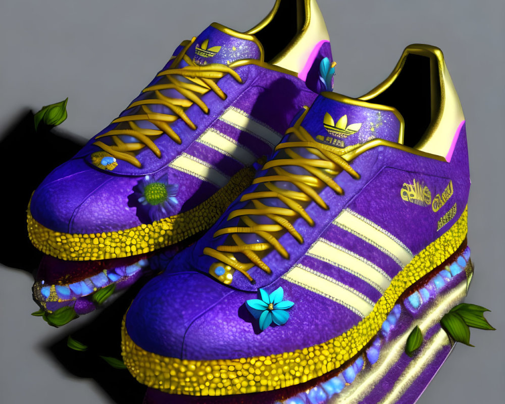 Purple and Gold Floral Patterned Adidas Sneakers with Reptile Skin Texture