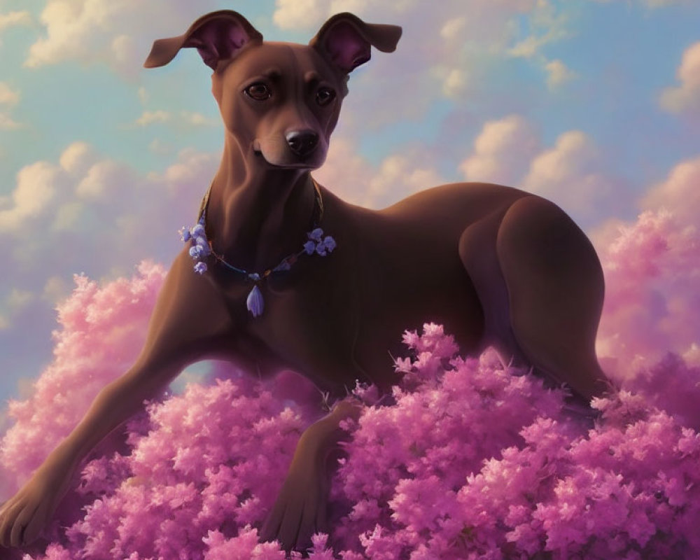 Brown Dog with Flower Necklace Relaxing Among Pink Blossoms